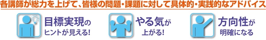 各講師が総力を上げて、皆様の問題・課題に対して具体的・実践的なアドバイス